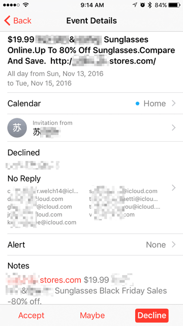 iOS Calendar Spam Invitation