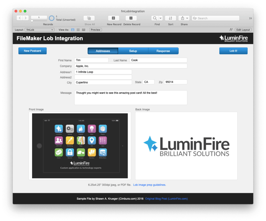 Lob Direct Mail API for Claris Pro & FileMaker Pro - LuminFire