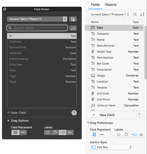 FileMaker 16 Field Picker vs FileMaker 17 Fields Tab