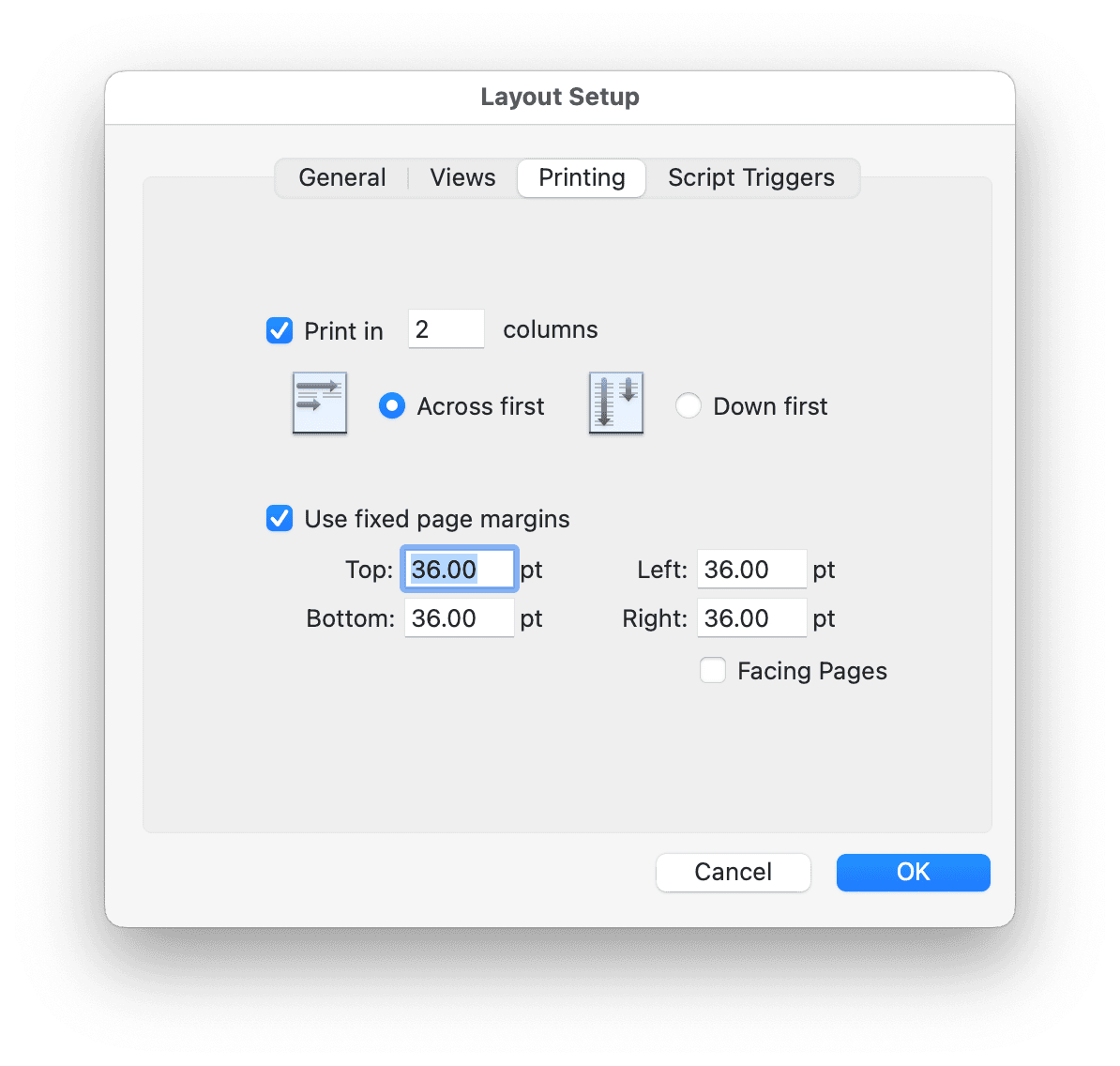 claris filemaker layout setup columns choices